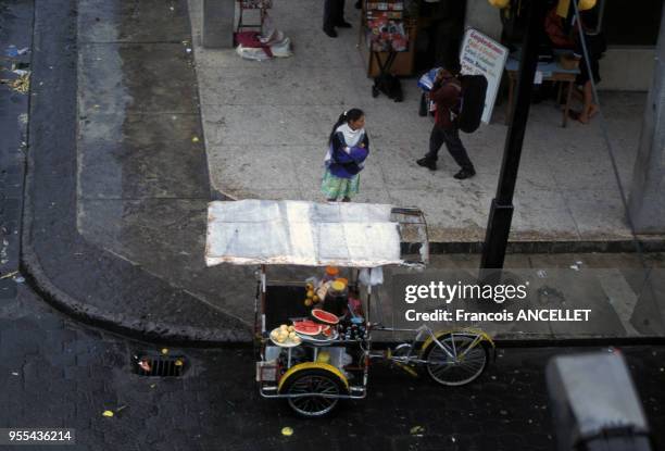 Marchand ambulant de fruits et de boissons dans la rue à Puyo, Equateur.