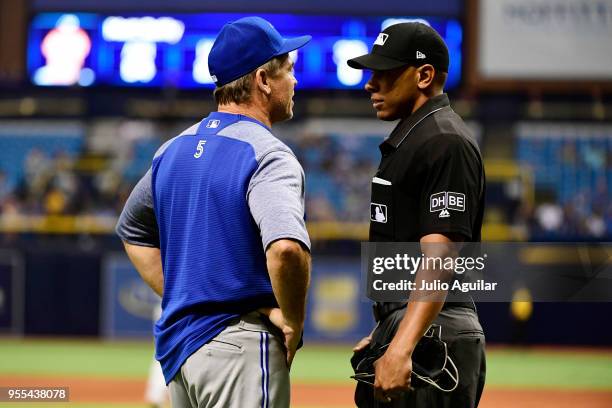 John Gibbons of the Toronto Blue Jays gets ejected in the eighth inning on May 6, 2018 at Tropicana Field in St Petersburg, Florida. The Toronto Blue...