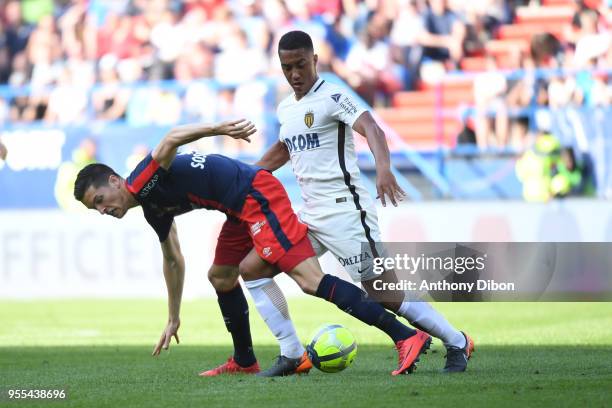 Stef Peeters of Caen and Youri Tielemans of Monaco during the Ligue 1 match between SM Caen and AS Monaco at Stade Michel D'Ornano on May 6, 2018 in...