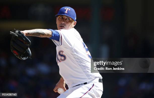 Jesse Chavez of the Texas Rangers delivers against the Boston Red Sox during the seventh inning at Globe Life Park in Arlington on May 6, 2018 in...