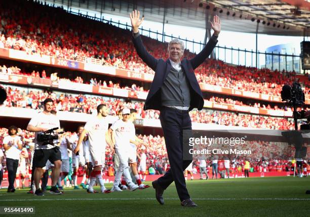 Arsenal manager Arsene Wenger says goodbye to the Arsenal fans after 22 years at the helm at the end of the Premier League match between Arsenal and...