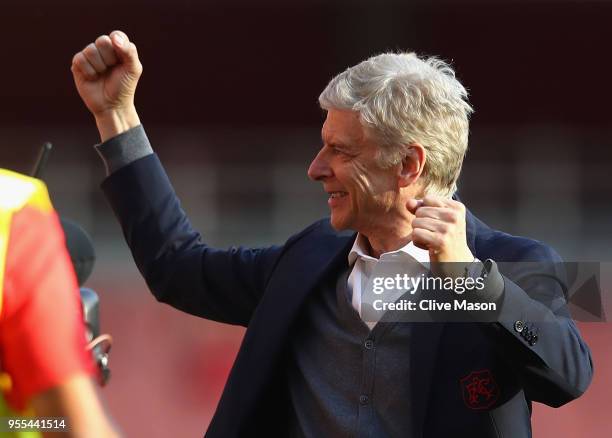 Arsenal manager Arsene Wenger says goodbye to the Arsenal fans after 22 years at the helm at the end of the Premier League match between Arsenal and...