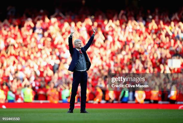 Arsenal manager Arsene Wenger says goodbye to the Arsenal fans after 22 years at the helm at the end of the Premier League match between Arsenal and...