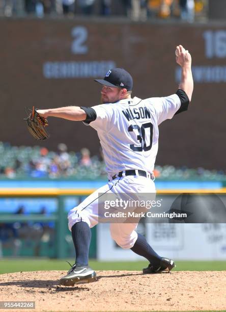 Alex Wilson of the Detroit Tigers pitches during the game against the Kansas City Royals at Comerica Park on April 22, 2018 in Detroit, Michigan. The...