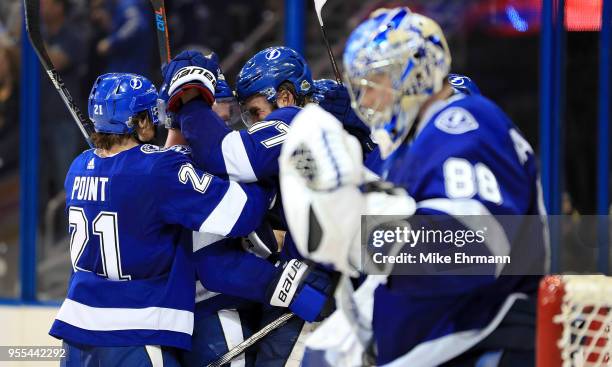 Anton Stralman of the Tampa Bay Lightning celebrates an empty net goal during Game Five of the Eastern Conference Second Round against the Boston...