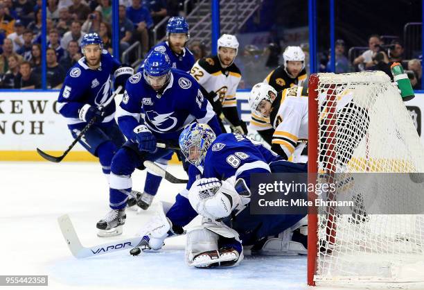 Andrei Vasilevskiy of the Tampa Bay Lightning makes a save during Game Five of the Eastern Conference Second Round against the Boston Bruins during...