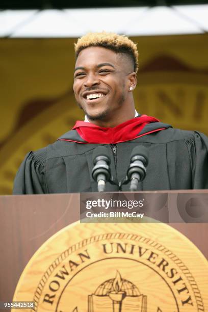 Corey Clement, Running Back for the Philadelphia Eagles, deliveries the Commencement Address at Wackar Stadium, Rowan University during the 2018...