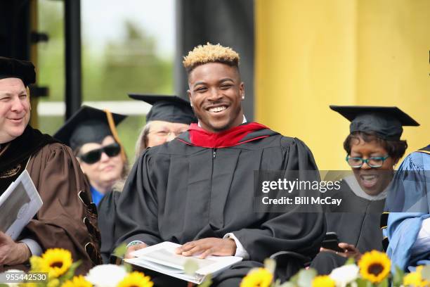 Corey Clement, Running Back for the Philadelphia Eagles, deliveries the Commencement Address at Wackar Stadium, Rowan University during the 2018...