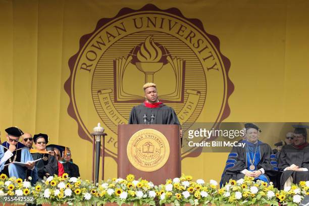 Corey Clement, Running Back for the Philadelphia Eagles, deliveries the Commencement Address at Wackar Stadium, Rowan University during the 2018...