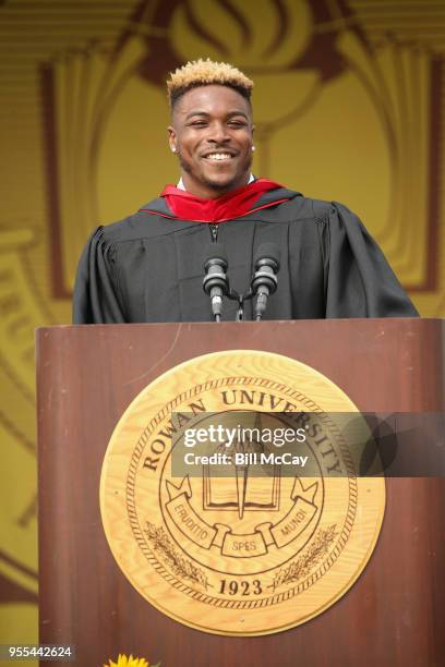 Corey Clement, Running Back for the Philadelphia Eagles, deliveries the Commencement Address at Wackar Stadium, Rowan University during the 2018...