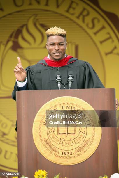 Corey Clement, Running Back for the Philadelphia Eagles, deliveries the Commencement Address at Wackar Stadium, Rowan University during the 2018...