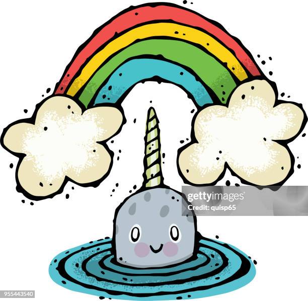 ilustraciones, imágenes clip art, dibujos animados e iconos de stock de narwhal con arco iris - narval