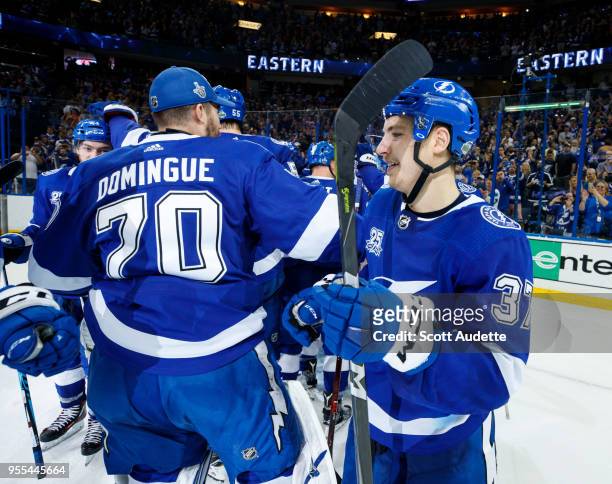 Yanni Gourde of the Tampa Bay Lightning celebrates the series win against the Boston Bruins during Game Five of the Eastern Conference Second Round...