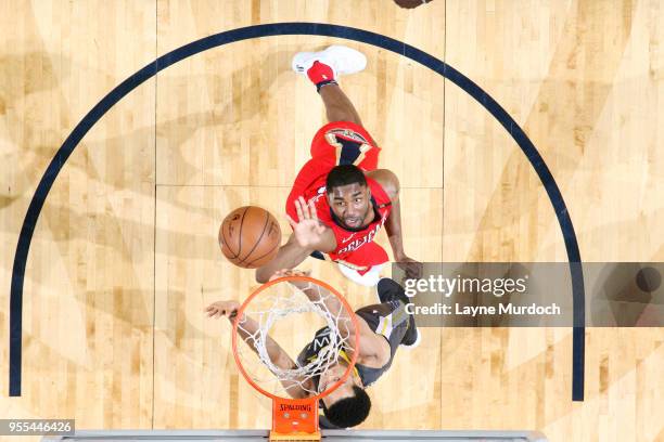 Twaun Moore of the New Orleans Pelicans shoots the ball against the Golden State Warriors during Game Four of the Western Conference Semifinals of...