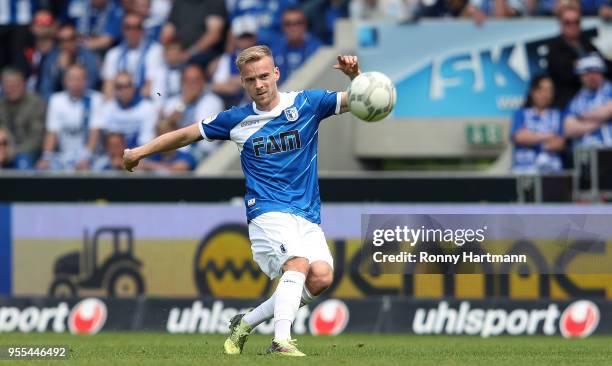 Nils Butzen of 1. FC Magdeburg kicks the ball during the 3. Liga match between 1. FC Magdeburg and Chemnitzer FC at MDCC-Arena on May 5, 2018 in...