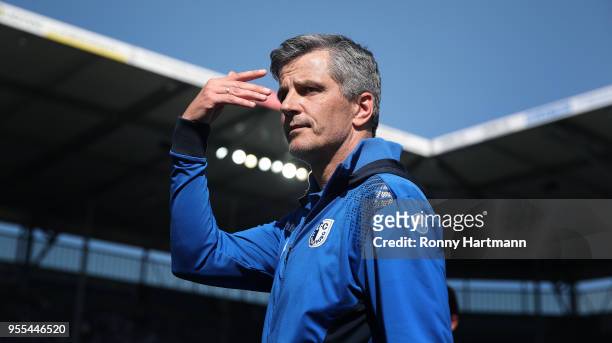 Head coach Jens Haertel of 1. FC Magdeburg reacts after the 3. Liga match between 1. FC Magdeburg and Chemnitzer FC at MDCC-Arena on May 5, 2018 in...