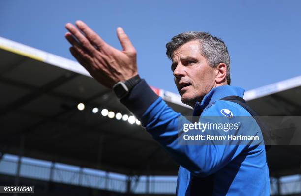 Head coach Jens Haertel of 1. FC Magdeburg reacts after the 3. Liga match between 1. FC Magdeburg and Chemnitzer FC at MDCC-Arena on May 5, 2018 in...