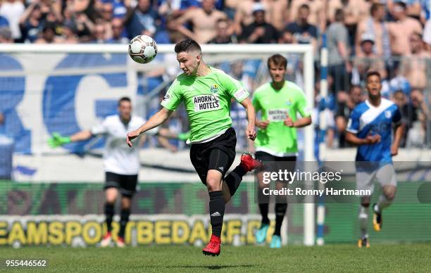 Tom Baumgart of Chemnitzer FC controls the ball during the 3. Liga match between 1. FC Magdeburg and Chemnitzer FC at MDCC-Arena on May 5, 2018 in...