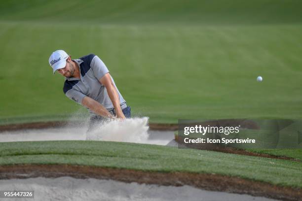 Peter Uihlein hits from the sand on the 14th hole during the final round of the Wells Fargo Championship on May 6, 2018 at Quail Hollow Club in...