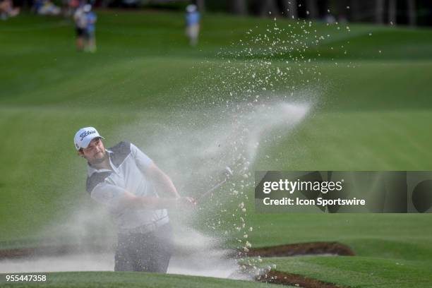 Peter Uihlein hits from the sand on the 14th hole during the final round of the Wells Fargo Championship on May 6, 2018 at Quail Hollow Club in...