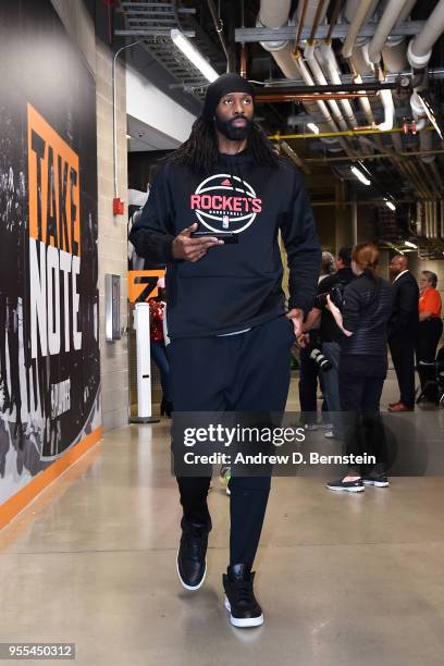 Nene Hilario of the Houston Rockets arrives at the stadium before the game against the Utah Jazz during Game Four of the Western Conference...