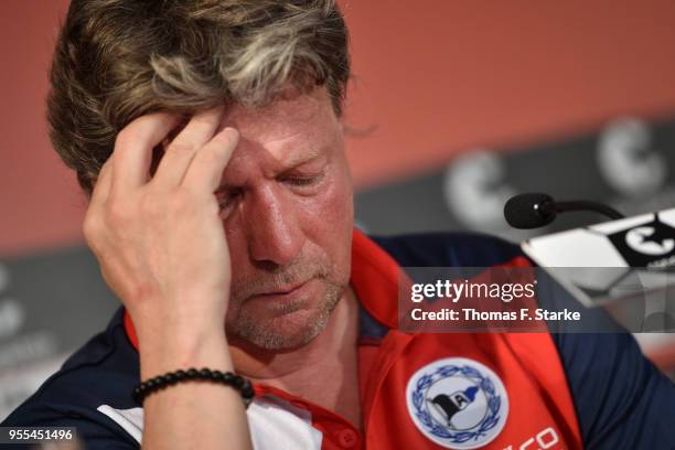 Head coach Jeff Saibene of Bielefeld looks dejected at the press conference after the Second Bundesliga match between FC St. Pauli and DSC Arminia...