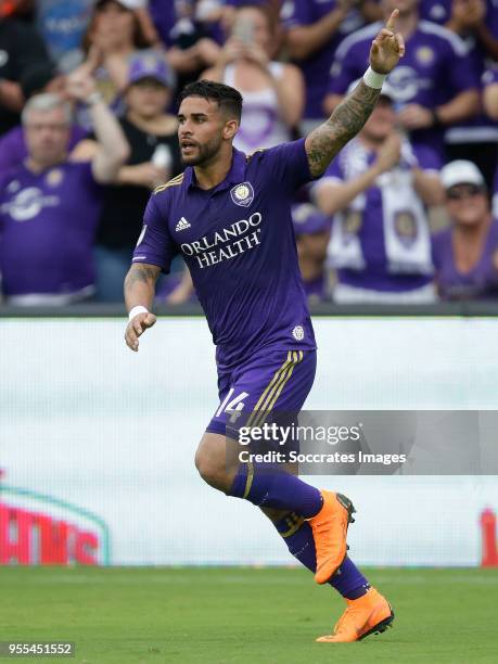 Dom Dwyer of Orlando City celebrates 1-1 during the match between Orlando City v Real Salt Lake on May 6, 2018