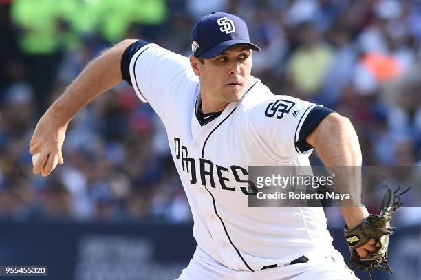 Craig Stammen of the San Diego Padres pitches during the game against the Los Angeles Dodgers at Estadio de Béisbol Monterrey on Sunday, May 6, 2018...