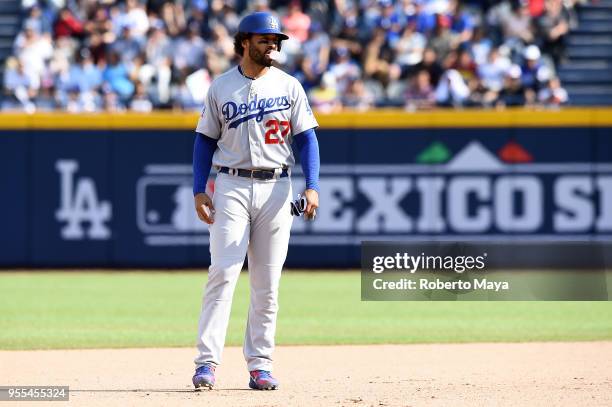 Matt Kemp of the Los Angeles Dodgers leads off second base during the game against the San Diego Padres at Estadio de Béisbol Monterrey on Sunday,...