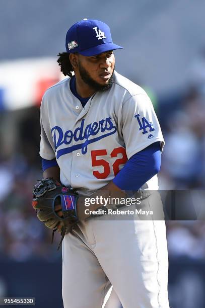 Pedro Baez of the Los Angeles Dodgers pitches during the game against the San Diego Padres at Estadio de Béisbol Monterrey on Sunday, May 6, 2018 in...