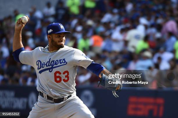 Yimi Garcia of the Los Angeles Dodgers pitches during the game against the San Diego Padres at Estadio de Béisbol Monterrey on Sunday, May 6, 2018 in...