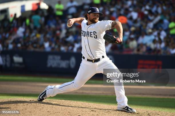 Kirby Yates of the San Diego Padres pitches during the game against the Los Angeles Dodgers at Estadio de Béisbol Monterrey on Sunday, May 6, 2018 in...