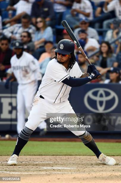 Freddy Galvis of the San Diego Padres bats during the game against the Los Angeles Dodgers at Estadio de Béisbol Monterrey on Sunday, May 6, 2018 in...