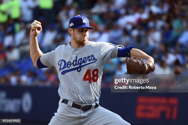 Brock Stewart of the Los Angeles Dodgers pitches during the game against the San Diego Padres at Estadio de Béisbol Monterrey on Sunday, May 6, 2018...