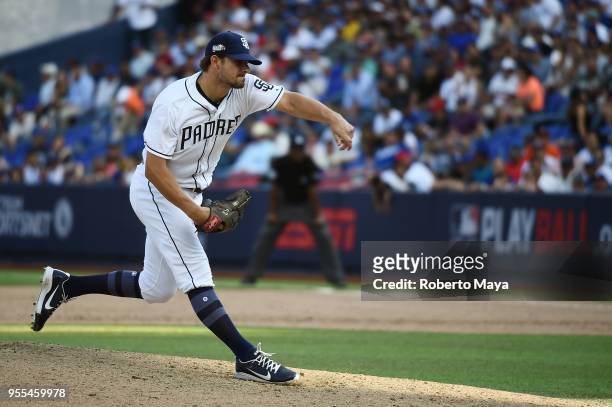 Brad Hand of the San Diego Padres pitches during the game against the Los Angeles Dodgers at Estadio de Béisbol Monterrey on Sunday, May 6, 2018 in...