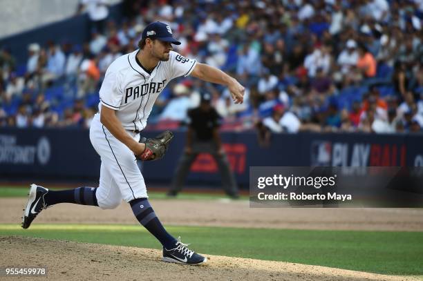 Brad Hand of the San Diego Padres pitches during the game against the Los Angeles Dodgers at Estadio de Béisbol Monterrey on Sunday, May 6, 2018 in...