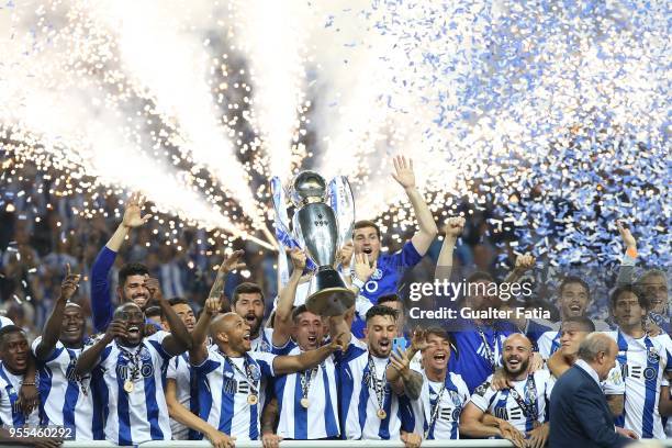 Porto players celebrate with trophy after winning the Portuguese Primeira Liga at the end of the Primeira Liga match between FC Porto and CD Feirense...