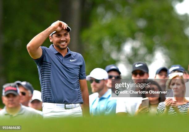 Golfer Jason Day smiles as he waits to tee of from the eighth tee box during fourth round action of the Wells Fargo Championship on Sunday, May 6,...