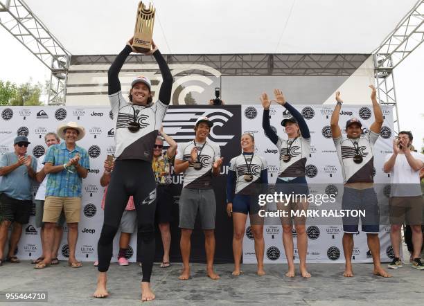 Members of the World Team Jordy Smith of South Africa , Kanoa Igarashi of Japan, Paige Hareb of New Zealand, Bianca Buitendag of South Africa, and...