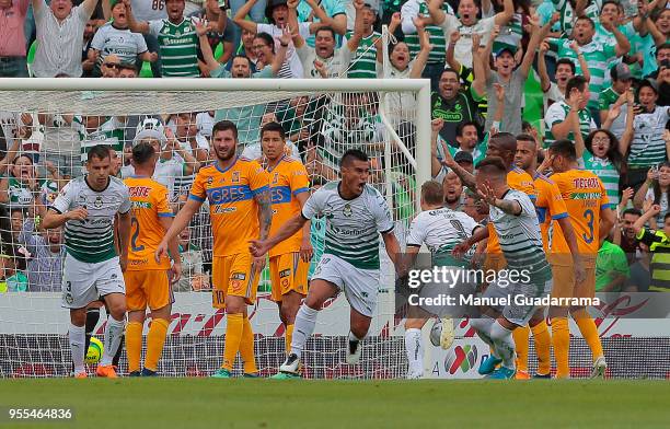 Osvaldo Martinez of Santos celebrates after scoring the first goal of his team during the quarter finals second leg match between Santos Laguna and...