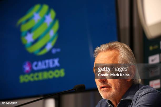 Socceroos Head Coach Bert van Marwijk speaks to the media during the Australian Socceroos World Cup Preliminary Squad Announcement at the...