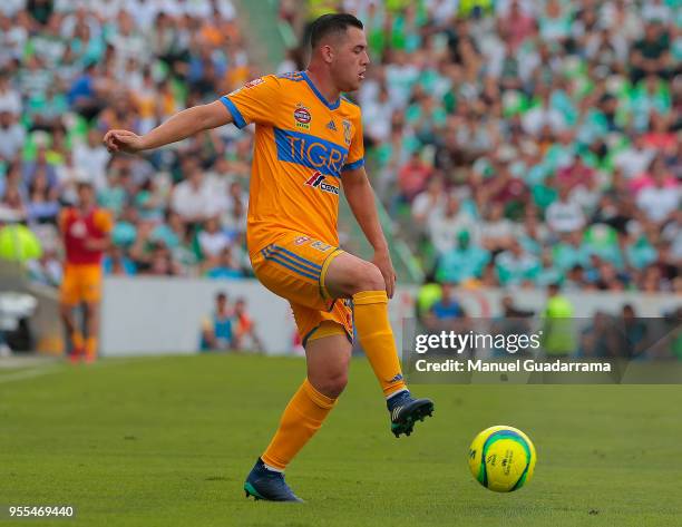 Israel Jimenez of Tigres controls the ball during the quarter finals second leg match between Santos Laguna and Tigres UANL as part of the Torneo...