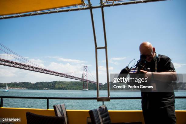 View of 25 de Abril bridge during a trip for journalists to attend the red carpet event before the Eurovision private party on May 6, 2018 in Lisbon,...