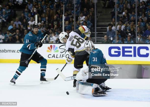 Erik Haula of the Vegas Golden Knights tries to score on Martin Jones of the San Jose Sharks during Game Six of the Western Conference Second Round...