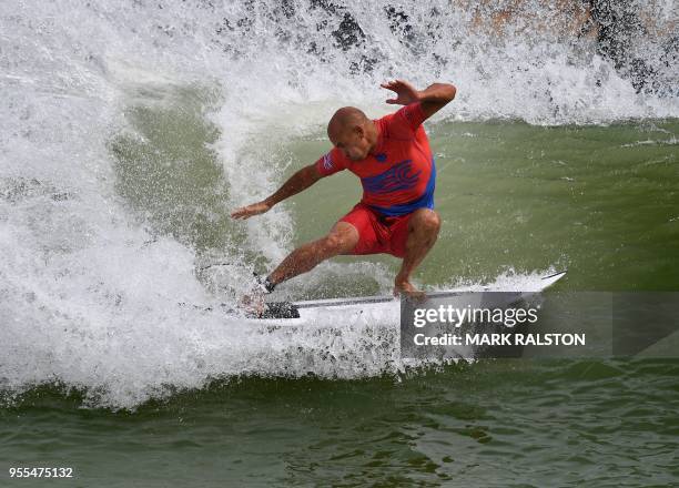 Kelly Slater of the US does a cutback during the final of the WSL Founders' Cup of Surfing, at the Kelly Slater Surf Ranch in Lemoore, California on...