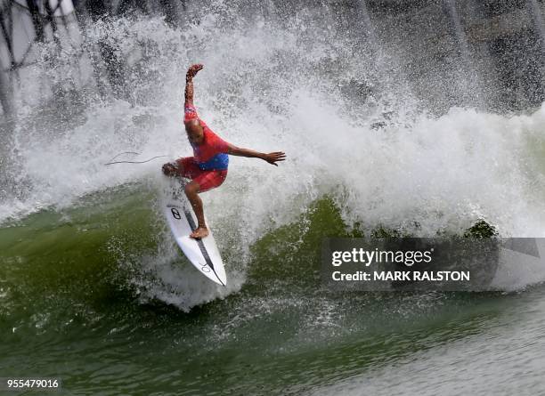 Kelly Slater of the US does a cutback during the final of the WSL Founders' Cup of Surfing, at the Kelly Slater Surf Ranch in Lemoore, California on...