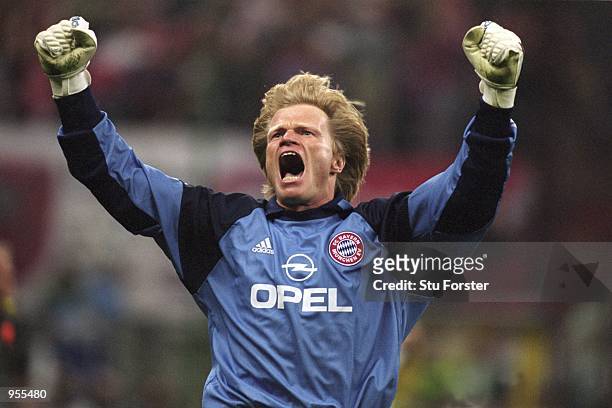 Bayern Munich Goalkeeper Oliver Kahn celebrates saving the decisive penalty during the Uefa Champions League Final between Bayern Munich and Valencia...