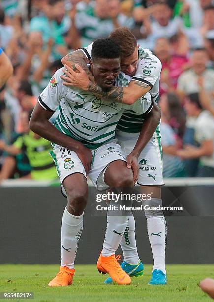 Djaniny Tavares of Santos celebrates after scoring the second goal of his team during the quarter finals second leg match between Santos Laguna and...