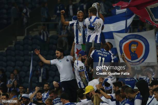 Porto forward Yacine Brahimi from Algeria celebrates with supporters the league title at the end of the Primeira Liga match between FC Porto and CD...