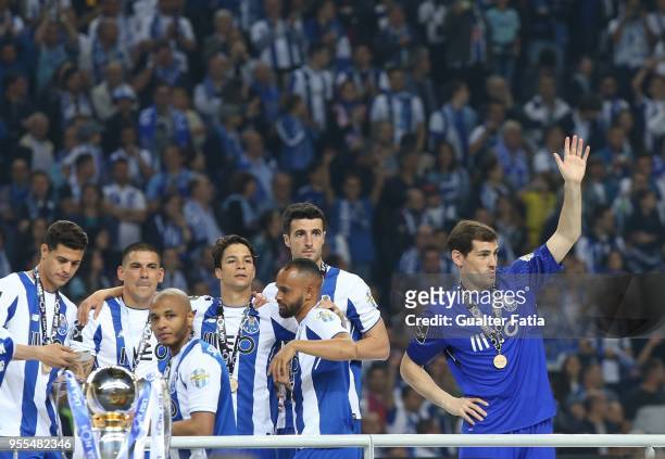 Porto goalkeeper Iker Casillas from Spain celebrates with teammates the league title at the end of the Primeira Liga match between FC Porto and CD...